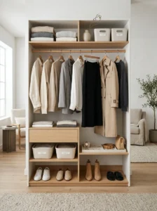 Functional minimalist wardrobe with coordinated outfits