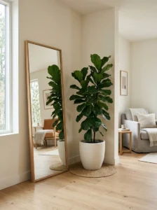 Alt Text: Mirror and indoor plant styling an unused corner.