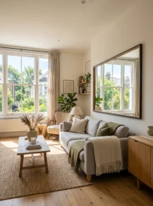 Mirror placed opposite a window to make a room feel larger.