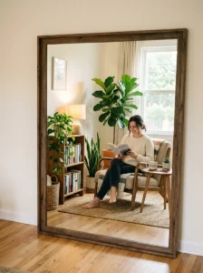 Mirror reflecting a clean and organized living space.