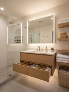 Organized modern bathroom with smart storage solutions