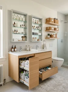Smart bathroom storage solutions designed for two people.