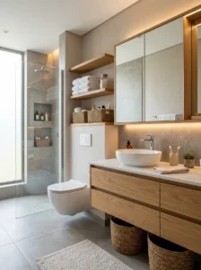 Modern bathroom with smart storage solutions and floating shelves