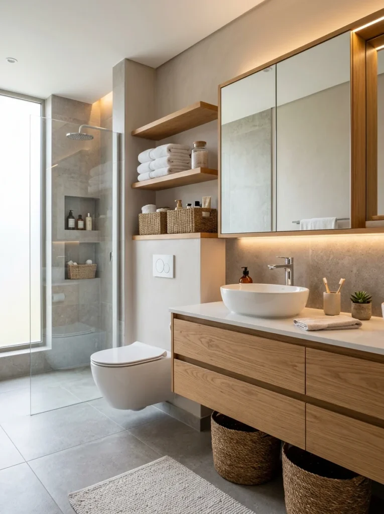 Modern bathroom with smart storage solutions and floating shelves