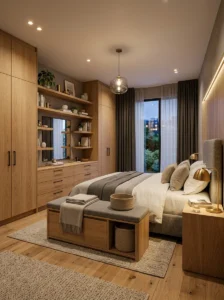 Bedroom storage ideas showing built-in style furniture, storage bed, floating shelves, and organized layout