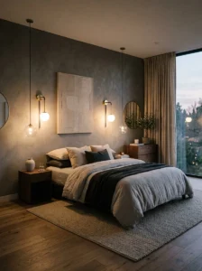 Wall sconces visually framing a bed without a headboard.
