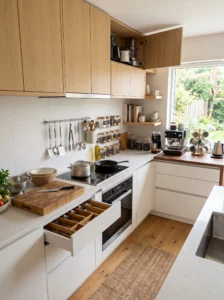 Kitchen cabinets organized into cooking prep and coffee zones