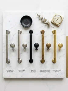 Comparison of polished chrome brushed nickel matte black and brass cabinet hardware finishes