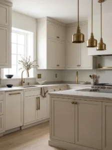 Kitchen with matching brass hardware faucet and lighting for a cohesive design