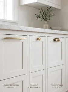 Bar pulls cabinet knobs and cup pulls installed on kitchen cabinets