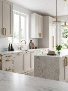Bar pulls cabinet knobs and cup pulls installed on kitchen cabinets
