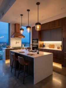 Modern kitchen with pendant lights and under cabinet LED lighting
