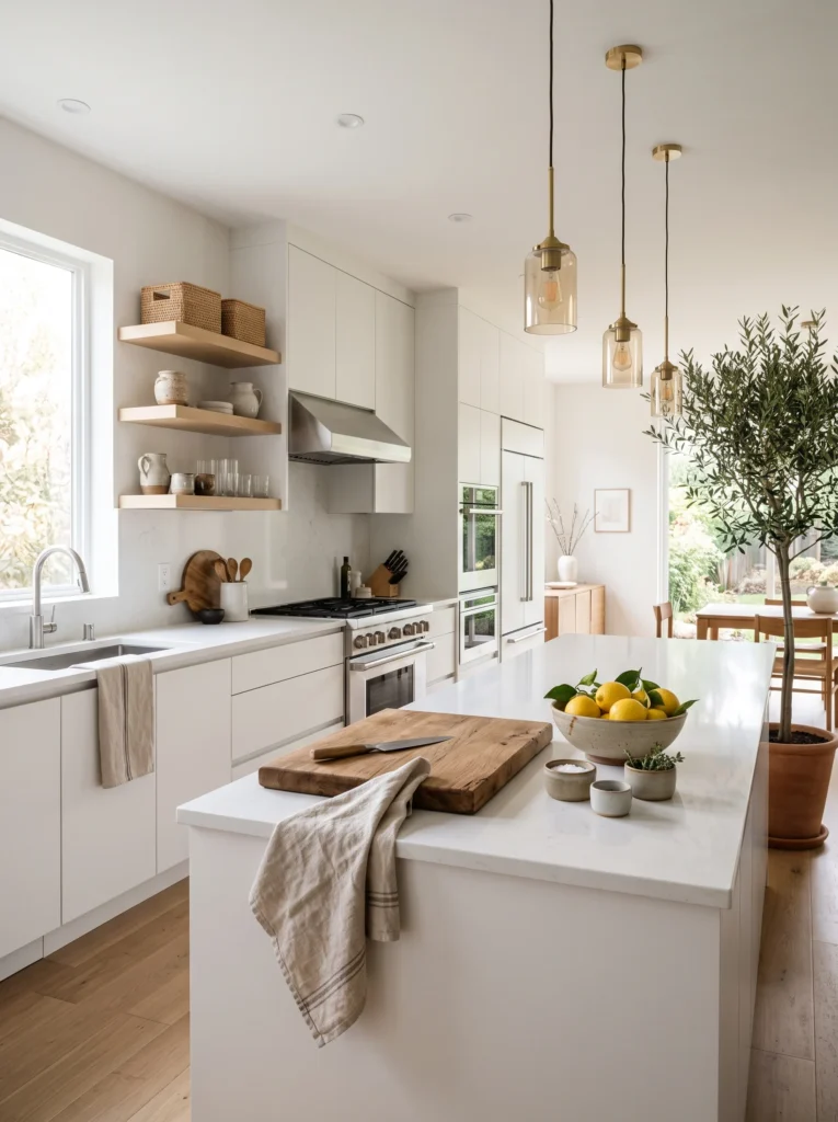 Warm modern kitchen with wood accents and natural textures