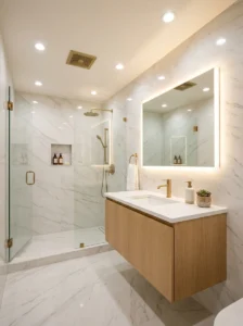 Modern windowless bathroom with bright lighting and frameless shower