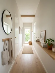 Slim floating shelf maximizing space in a narrow hallway.