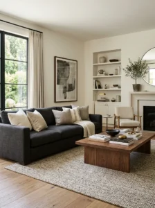 Neutral living room using light and dark tones for depth