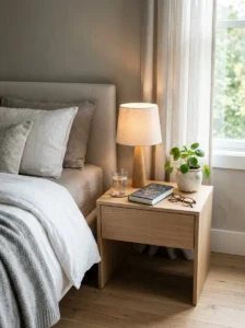 Well-organized bedroom nightstand with only essential bedtime items.