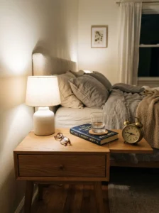 Minimal bedroom nightstand with only nighttime essentials.