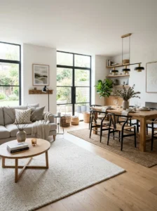 Open concept living room and dining room sharing the same space
