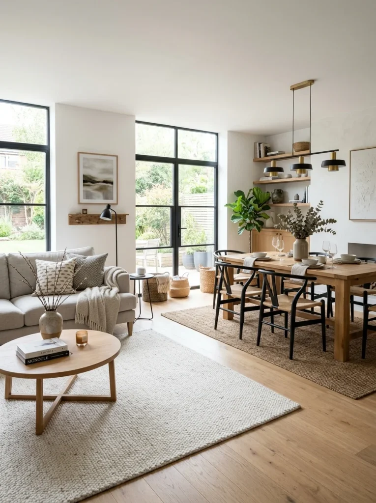 Open concept living room and dining room sharing the same space