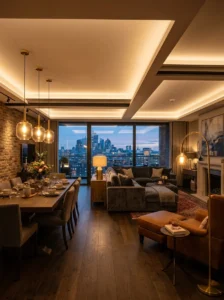 Layered lighting defining different zones in an open living space