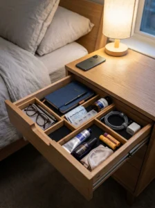Minimal bedroom nightstand with one decorative plant.