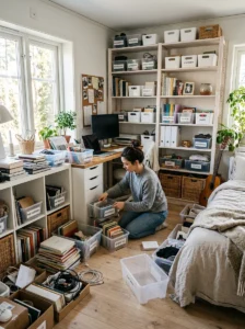 Decluttering excessive household items while keeping meaningful belongings