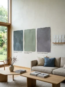 Small paint chips compared with large wall paint samples
