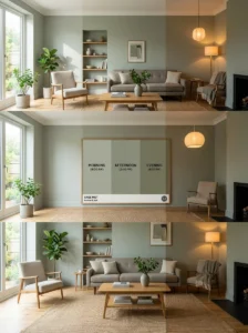 Testing paint colors with flooring trim and existing room finishes