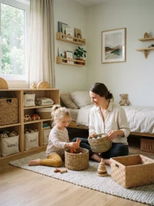 Parent and child organizing belongings in a minimalist family home