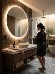 Adjusting a bathroom vanity light dimmer for softer lighting