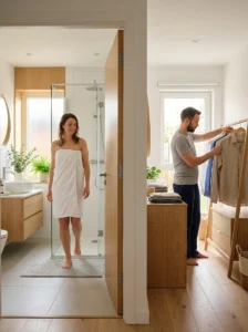 Couple following a morning bathroom schedule to avoid conflicts.