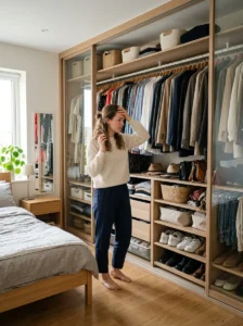 Person feeling overwhelmed by a full closet with clothes but nothing to wear
