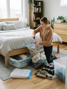 Storing seasonal clothes in vacuum bags under the bed