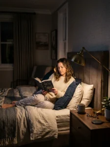 Bedroom using natural morning light through layered curtains