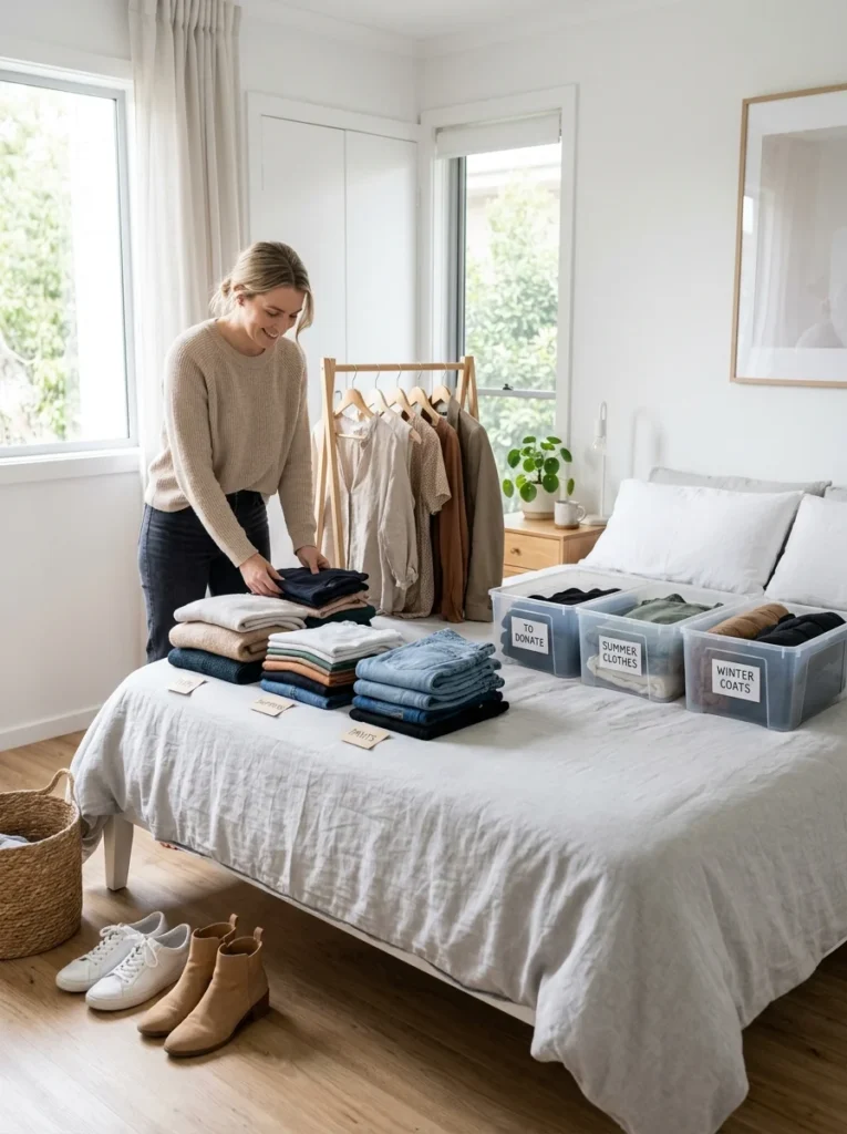 Modern bedroom without a closet using a wardrobe and dresser for organized storage