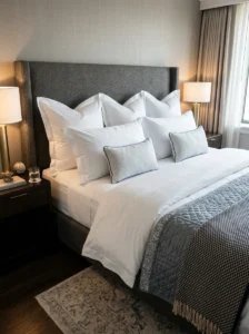 White hotel bedding creating a clean and luxurious bedroom.