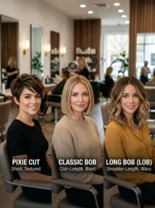 Alt Text: Pixie, bob, and lob haircut comparison.