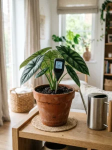 Checking soil moisture before watering an indoor plant