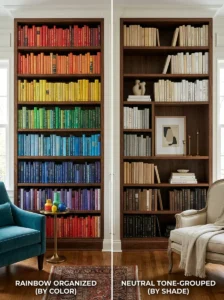 Comparison of rainbow and neutral bookshelf organization