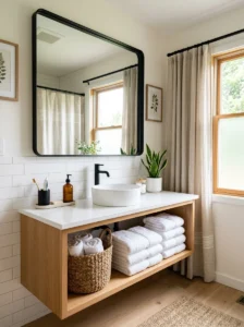 Bathroom refreshed with a framed mirror and coordinated accessories.