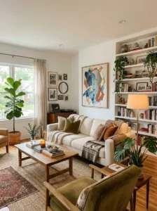 Cozy personalized rental living room without painted walls