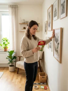 Alt Text: Hanging artwork with removable wall strips