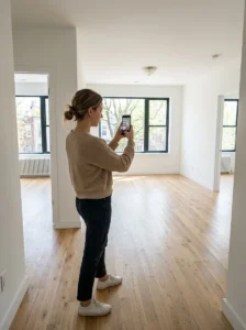 Alt Text: Renter documenting apartment condition before decorating