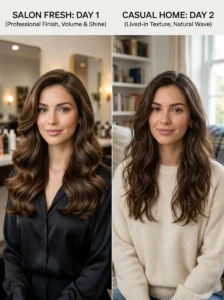 Alt Text: Comparison between salon-styled hair and everyday home styling.