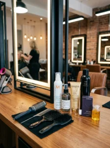 Alt Text: Professional hair products used during salon styling.