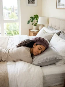 Alt Text: Satin pillowcase and bonnet for protecting curly hair overnight.