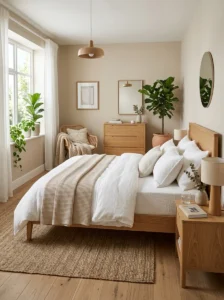 Alt Text: Beautiful timeless bedroom with neutral Scandinavian decor