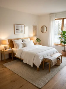 Alt Text: Perfectly sized area rug under a modern bedroom bed