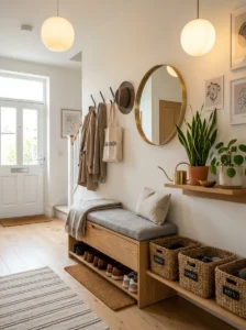 Well-organized modern entryway with stylish storage and decor